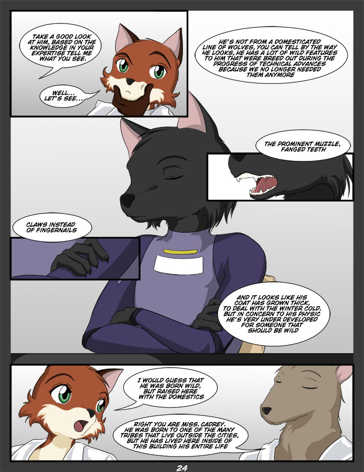 anthro black_nose claws clothed clothing dialogue fangs female male scientist simple_background teeth text kurapika raven_wolf eve_cadrey yula_(raven_wolf) canid canine canis fox mammal murid murine rat rodent wolf comic english_text