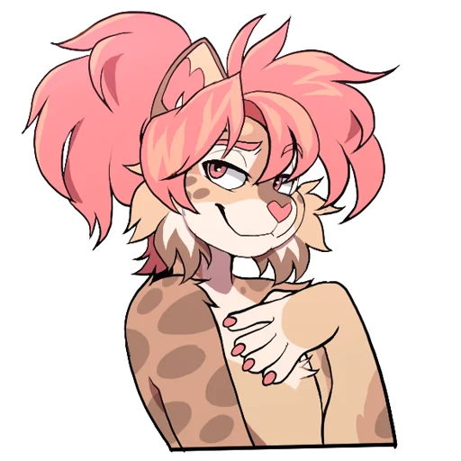 anthro brown_body brown_fur claws femboy fur hair male nude pink_claws pink_eyes pink_hair pink_nose solo spots telegram_sticker white_body white_fur aycee avery_(roanoak) felid feline lynx mammal 1:1 alpha_channel digital_media_(artwork)