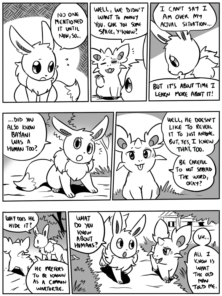 7_panel_comic ambiguous_gender answer black_nose black_text branch building claws dialogue duo ellipsis exclamation_point eyebrows eyes_closed feral finger_claws fluffy fluffy_tail fur grass horn looking_at_another mouth_closed neck_tuft open_mouth outside paws plant pupils question question_mark raised_eyebrow speech_bubble standing tail talking_to_another teeth text toe_claws tongue tree tuft walking flavia-elric nintendo pokemon pokemon_mystery_dungeon spike_chunsoft lux_(yapc) rayne_(yapc) eevee generation_1_pokemon nidoran nidoran♀ pokemon_(species) 2019 3:4 comic digital_media_(artwork) english_text greyscale monochrome