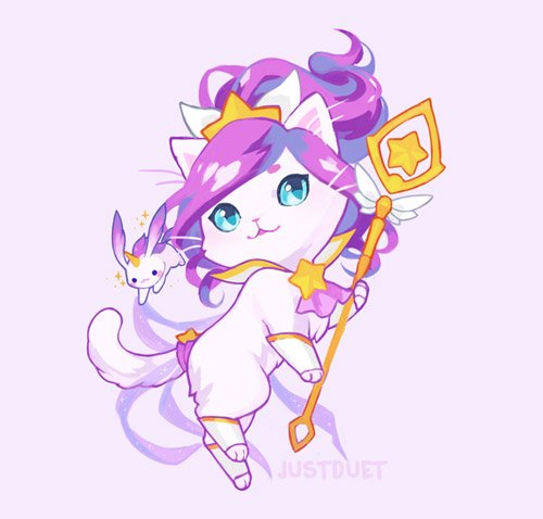 :3 ambiguous_gender blue_eyes clothing crown dot_eyes duo female feral feralized fur hair headgear holding_object holding_staff horn magical_girl_outfit pink_nose purple_hair simple_background sparkles staff white_body white_clothing white_fur justduet league_of_legends mythology riot_games tencent janna_(lol) domestic_cat equid equine felid feline felis hybrid lagomorph leporid mammal mythological_creature mythological_equine rabbit unicorn low_res