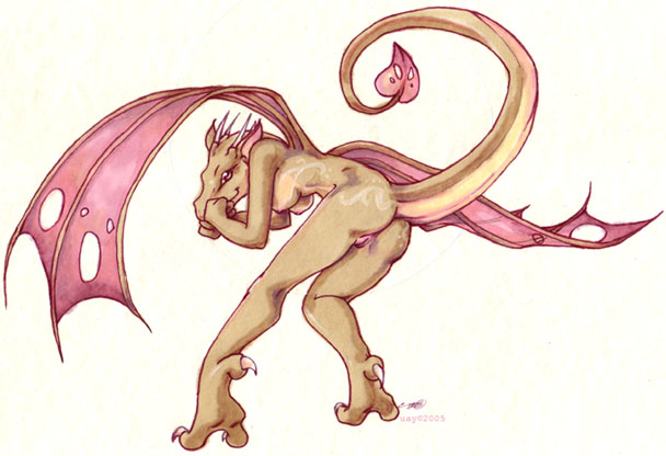 anthro breasts butt female genitals looking_at_viewer non-mammal_breasts nude presenting presenting_hindquarters pussy raised_tail solo tail wings uaykan mythology dragon mythological_creature mythological_scalie scalie 2005