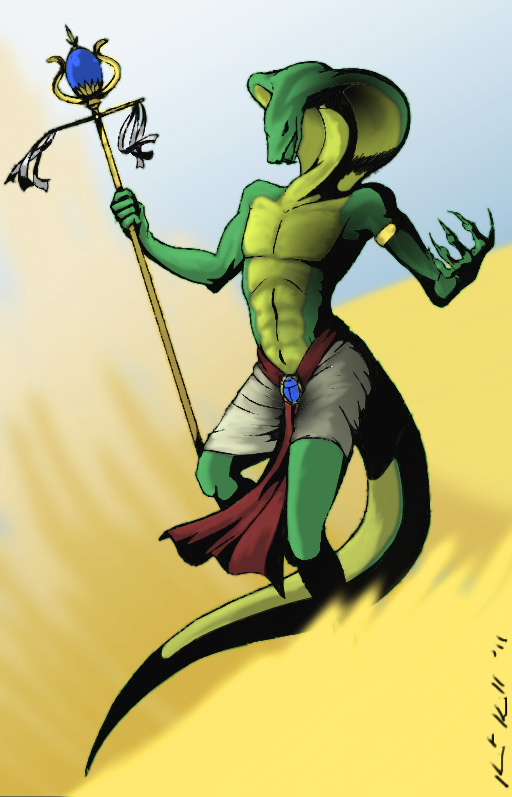 abs armband bottomwear clothed clothing decorative_scarab desert egyptian egyptian_clothing green_body green_skin heart_scarab holding_object loincloth male muscular shendyt simple_background skirt solo staff topless batichi cobra reptile scalie snake