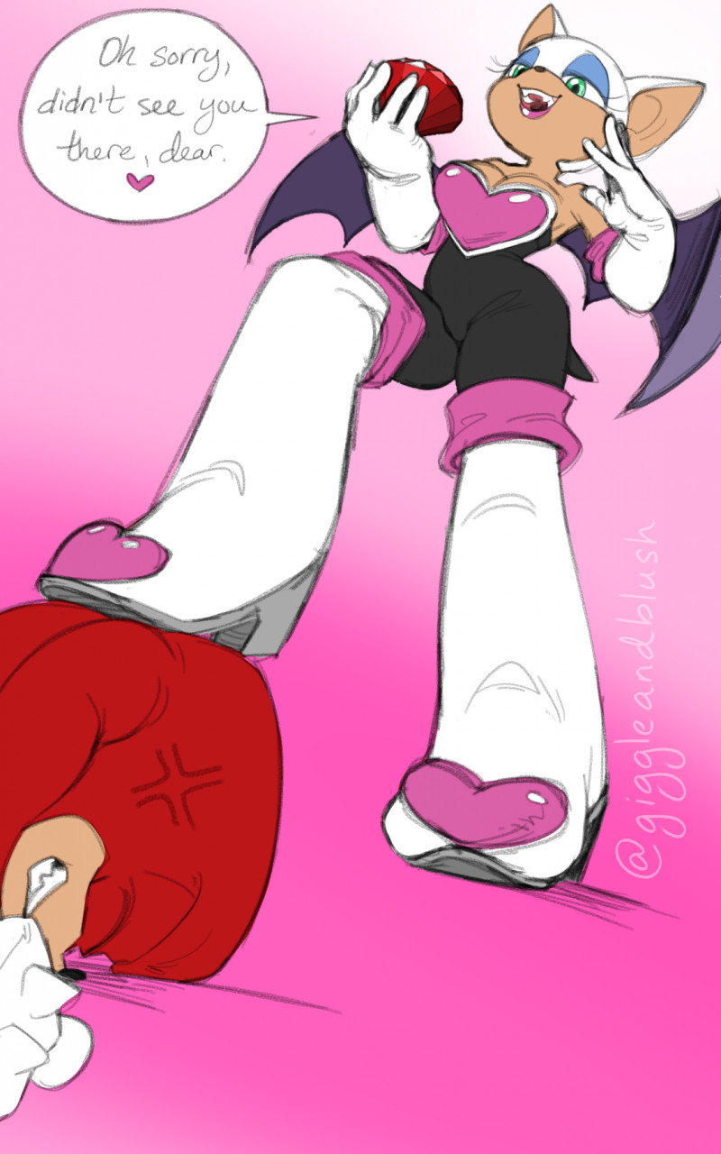 anthro boots breasts chaos_emerald cleavage clothed clothing dominant dominant_female duo feet female foot_on_head footwear gem gloves handwear high_heeled_boots high_heels makeup male membrane_(anatomy) membranous_wings shoes submissive submissive_male text wings bluebun sega sonic_the_hedgehog_(series) knuckles_the_echidna rouge_the_bat bat echidna mammal monotreme 5:8 english_text hi_res