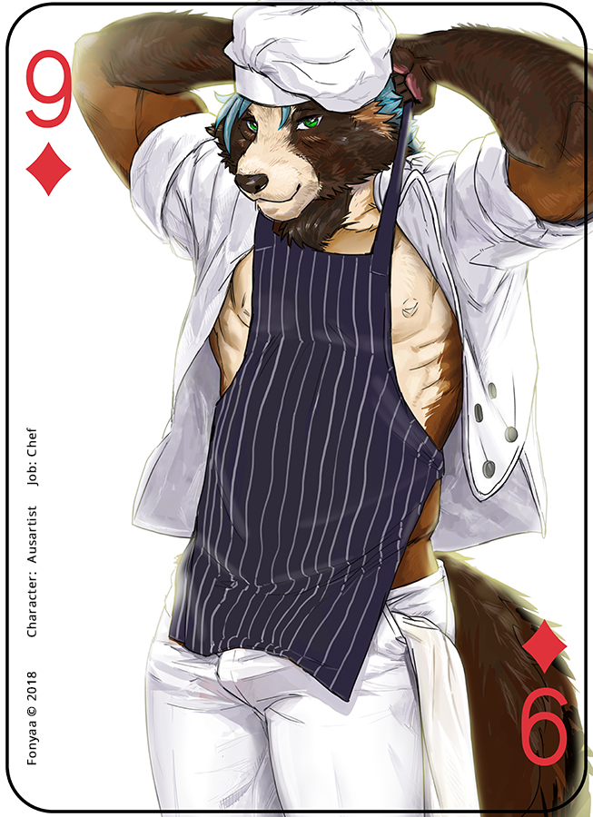 abs anthro apron bottomwear brown_body brown_fur card card_template chef chef_hat clothed clothing copyright_symbol diamonds_(suit) fur green_eyes hair hat headgear headwear looking_at_viewer male muscular muscular_anthro muscular_male nine_of_diamonds nipples pants pecs playing_card playing_card_template shirt simple_background smile solo standing suit_symbol symbol text topwear fonyaa tanukiami canid canine mammal raccoon_dog tanuki 2018 digital_media_(artwork) english_text