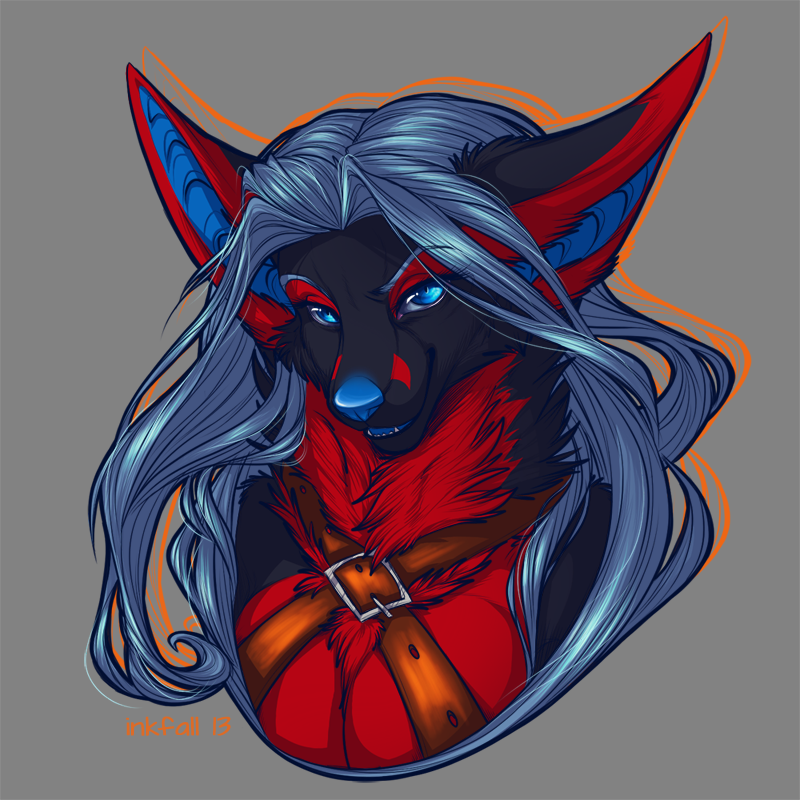 anthro black_body black_fur blue_eyes blue_hair blue_nose breasts female fur hair looking_at_viewer red_body red_fur smile solo inkfall temrin_(character) temrin_sanjem canid canine canis hybrid mammal wolf 1:1