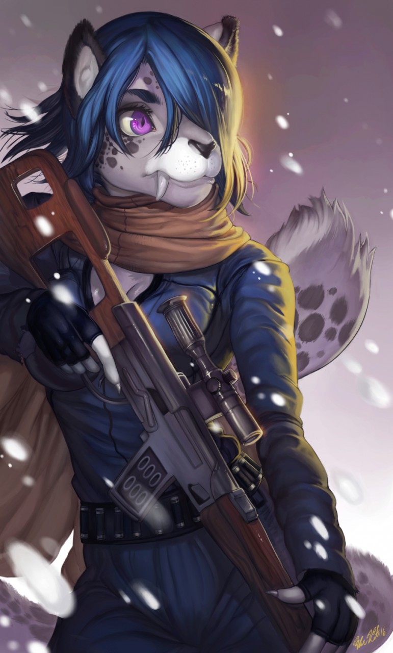 anthro black_nose blue_hair clothed clothing day dragunov fangs fingers fur gun hair holding_gun holding_object holding_ranged_weapon holding_weapon looking_forward male outside purple_eyes ranged_weapon snow snowing solo standing tail teeth weapon white_sclera umikit jsc_kalashnikov_concern felid feline mammal 2016 digital_media_(artwork) hi_res