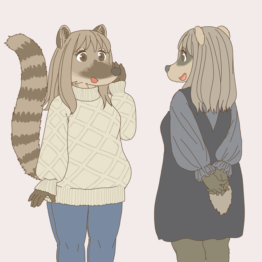 anthro clothed clothing duo female kemono snout sweater tail topwear ekaki510 badger coati japanese_badger mammal meles mustelid musteline procyonid 1:1