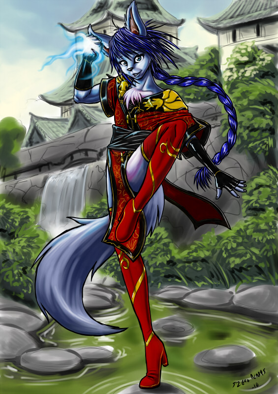 anthro biped blue_hair boots chinese clothing eastern femboy footwear gloves hair handwear high_heeled_boots high_heels male pose practice river shenyi shoes solo tail s-nina shadowzero20 ming_(shadowzero20) canid canine canis mammal wolf