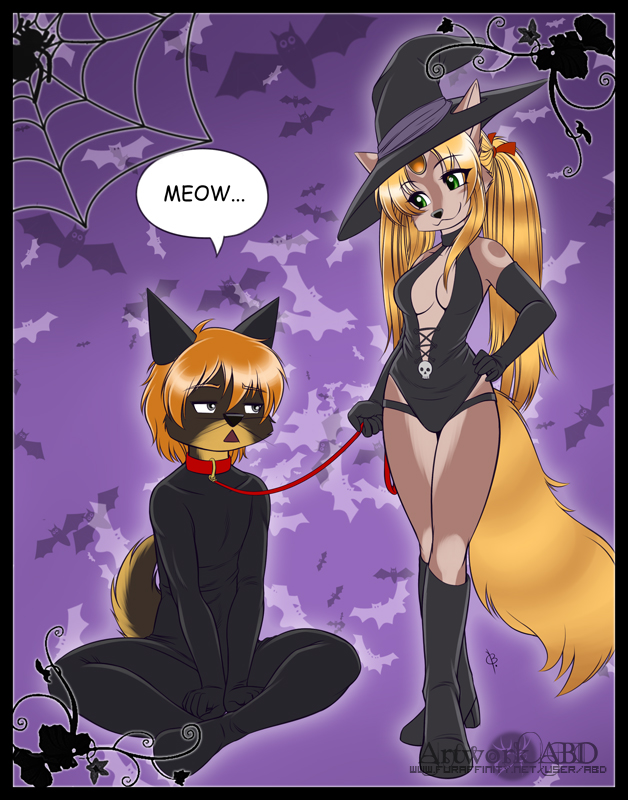 anthro black_border border clothing collar costume duo female holidays leash magic_user male tail witch abluedeer halloween kingofkof maya_(skimike) miles_(kingofkof) canid canine domestic_cat felid feline felis mammal digital_media_(artwork)