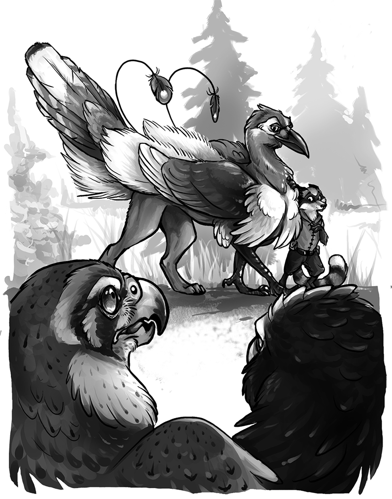 4_fingers anthro beak belt_pouch black_beak black_bottomwear black_claws black_clothing black_shorts bottomwear claws clothing dipstick_tail evergreen_tree feathered_wings feathers feet feral finger_claws fingers folded_wings fur grass grey_beak grey_body grey_clothing grey_eyes grey_feathers grey_fur grey_shirt grey_tail grey_topwear group larger_feral looking_at_another male male_anthro male_feral markings multicolored_body multicolored_feathers outside paws pine_tree plant quadruped shirt shorts size_difference sky smaller_anthro striped_markings striped_tail stripes tail tail_feathers tail_markings talons toe_claws toes topwear tree walking white_sky white_tail_tip wings lyosha griffin_ranger_(series) mythology bree_(griffin_ranger) kwaperramusc_dancer avian gryphon mammal mythological_avian mythological_creature procyonid raccoon 2015 digital_drawing_(artwork) digital_media_(artwork) english_description greyscale monochrome shaded