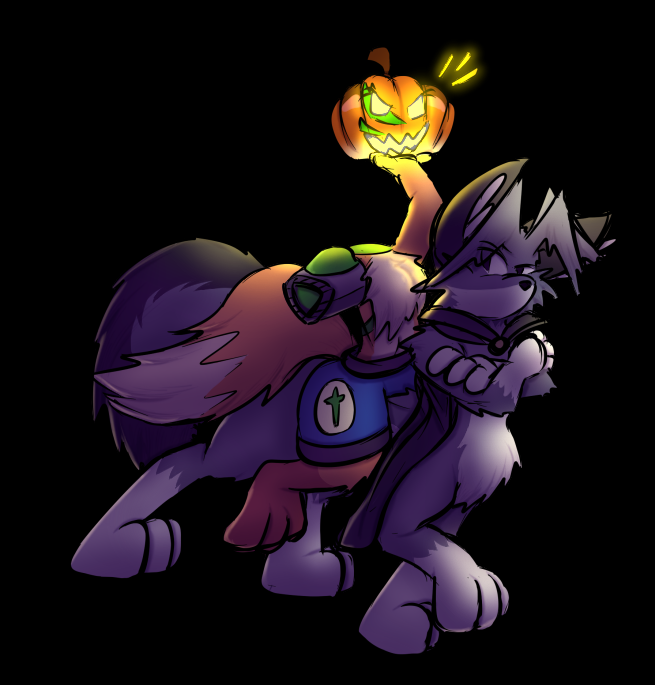 1_missing_limb 3_toes ambiguous_gender amputee anthro barefoot black_background cape clothed clothing detachable detachable_head dipstick_tail disability duo feet female food fruit fur grey_body grey_fur jack-o'-lantern markings missing_arm multicolored_tail plant pumpkin riding simple_background tail tail_markings toes topless scottderg virmir starwarriors ezmeralda virmir_(character) canid canid_taur canine canine_taur fox fox_taur mammal mammal_taur taur