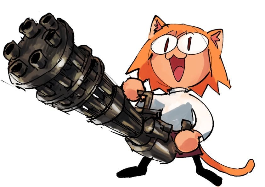 :3 black_clothing black_feet black_footwear blonde_hair bottomwear cat_smile clothed clothing comically_large_object featureless_hands feet female footwear fully_clothed gatling_gun gun hair holding_gun holding_machine_gun holding_object holding_ranged_weapon holding_weapon inner_ear_fluff light_body light_skin long_sleeve_shirt looking_offscreen machine_gun minigun open_mouth open_smile orange_hair orange_tail pupils purple_bottomwear purple_clothing purple_skirt ranged_weapon red_eyes red_inner_ear_fluff red_pupils shirt simple_background skirt slit_pupils smile solo standing sweater tail thin_calves tongue topwear tuft two_handed_weapon weapon white_background white_clothing white_sweater white_topwear paccha_(artist) tsukihime type-moon neco-arc animal_humanoid cat_humanoid domestic_cat felid felid_humanoid feline feline_humanoid felis humanoid mammal mammal_humanoid neco_spirit 2021 digital_drawing_(artwork) digital_media_(artwork) shaded