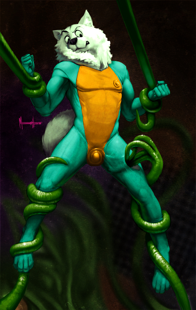 anthro bulge latex male muscular muscular_anthro muscular_male solo spacesuit tentacles meesh space_sam alaskan_malamute canid canine canis domestic_dog mammal nordic_sled_dog spitz digital_media_(artwork)