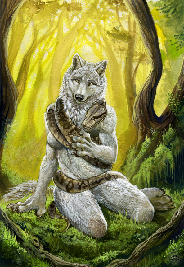 anthro claws detailed_background duo entwined female feral forest fur looking_at_viewer moss nature nude outside plant reclining tail tree white_body white_fur wood alectorfencer mythology boa_(snake) boa_constrictor boinae canid canine canis mammal mythological_canine mythological_creature reptile scalie snake werecanid werecanine werecreature werewolf wolf 2010 painting_(artwork) traditional_media_(artwork)