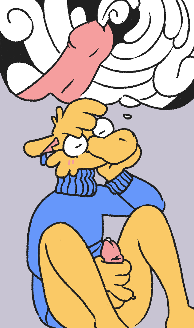 anthro balls bottomless clothed clothing content dream ejaculation eyes_closed genitals head_in_hand male masturbation penis solo sweater swirls topwear turtleneck passionatefloorromance critter_(critterdome) ambiguous_species mammal