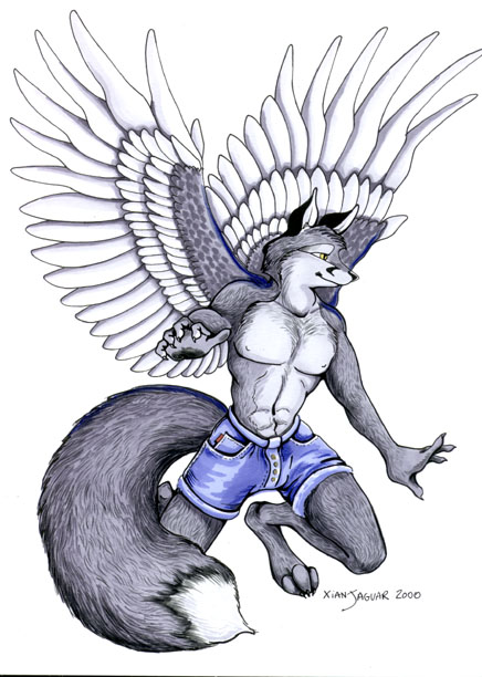 anthro back_wings black_nose blue_bottomwear blue_clothing blue_shorts bottomwear clothed clothing denim denim_bottomwear denim_clothing denim_shorts digitigrade feathered_wings feathers feet fur grey_body grey_fur hindpaw humanoid_hands kneeling male nipples paws pecs shorts shorts_only simple_background snout solo topless white_background white_body white_feathers white_fur white_inner_ear wings yellow_eyes xianjaguar canid canine fox mammal 2000 full-length_portrait portrait shaded signature traditional_media_(artwork)