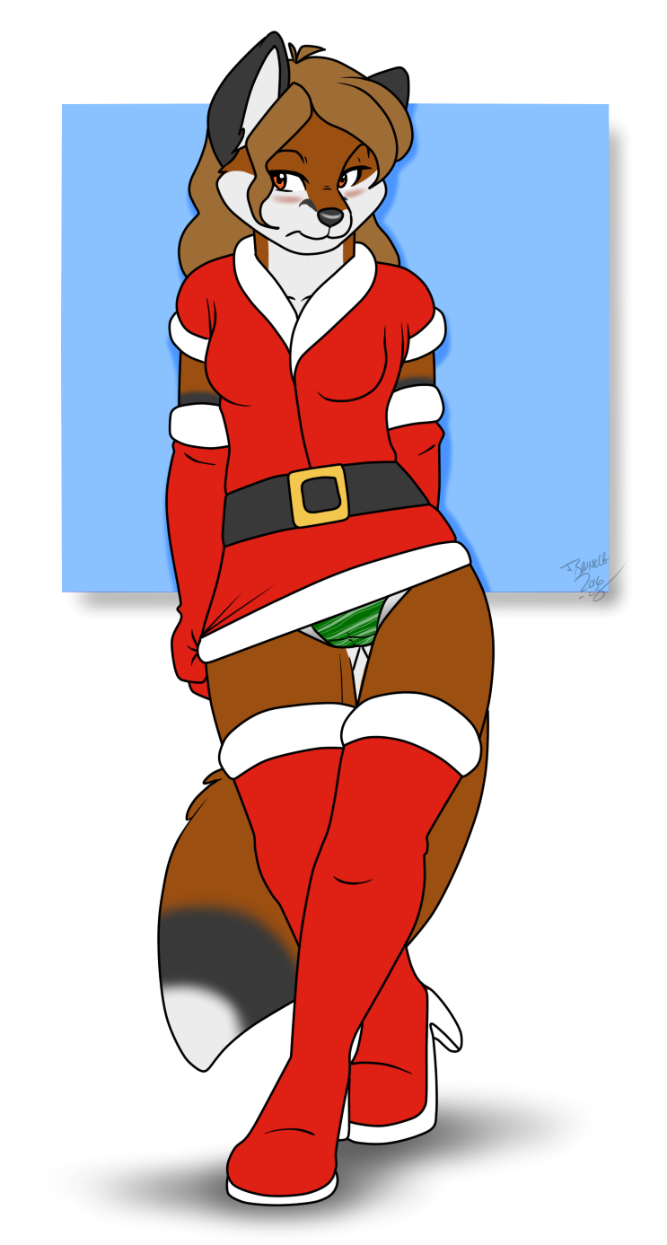 annoyed anthro biped blush camel_toe clothing costume dipstick_tail female footwear hair high_heels holidays markings orange_hair panties santa_costume shoes simple_background solo tail tail_markings underwear os christmas canid canine fox mammal 2016 alpha_channel hi_res