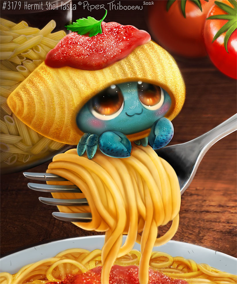 ambiguous_gender blue_body blush brown_eyes comically_large_object cutlery detailed_food feral food fork fruit kitchen_utensils micro parmesan pasta plant plate smile solo spaghetti tomato tomato_sauce tools piper_thibodeau arthropod crustacean hermit_crab malacostracan marine 2022 detailed digital_media_(artwork) digital_painting_(artwork)