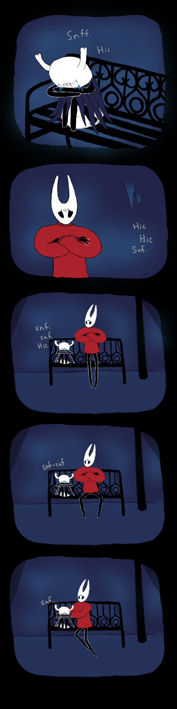 ambiguous_gender anthro black_body bodily_fluids clean_diaper clothed clothing diaper diaper_fetish duo eyes_closed female tears text wearing_diaper soiledvessels hollow_knight team_cherry hornet_(hollow_knight) the_knight_(hollow_knight) arthropod insect vessel_(species) absurd_res comic english_text hi_res long_image tall_image