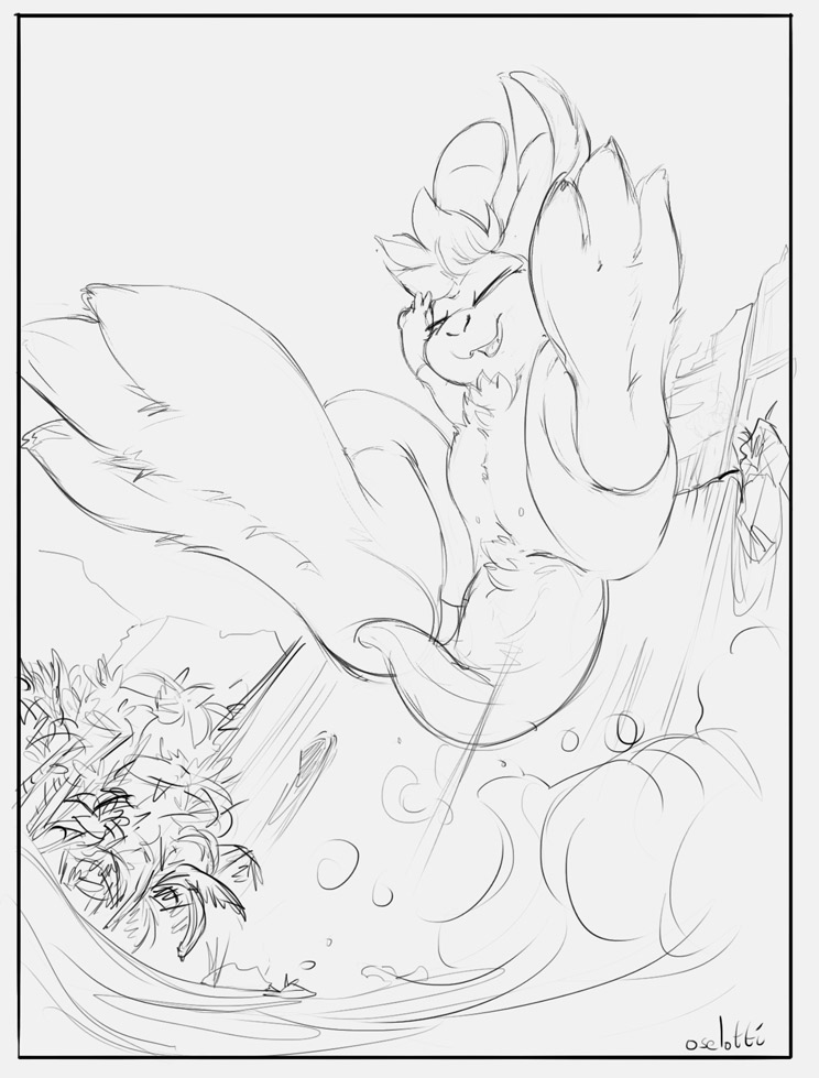 ambiguous_gender anthro chest_tuft feet foot_focus hair long_ears low-angle_view nude open_mouth open_smile outside palm_tree plant short_hair smile solo tail tree tuft waterfall oselotti 2016 monochrome signature sketch