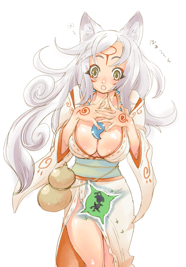 :o asian_clothing big_breasts breasts brown_eyes cleavage clothed clothing east_asian_clothing female grey_hair hair japanese_clothing open_mouth solo enraku_(pixiv) capcom clover_studio okami_(capcom) amaterasu_(okami) issun_(okami) animal_humanoid canid canid_humanoid canine canine_humanoid canis deity humanoid mammal mammal_humanoid poncle wolf wolf_humanoid