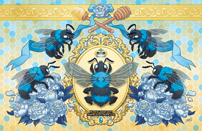 ambiguous_gender antennae_(anatomy) art_nouveau barefoot black_body black_eyes black_fur blue_body blue_fur crown feet feral flower fur group headgear honey_dipper insect_wings naturally_censored nude plant ribbons side_view spread_wings wings missypena arthropod bee blue_carpenter_bee carpenter_bee hymenopteran insect 2014 cel_shading color_contrast detailed digital_media_(artwork) shaded