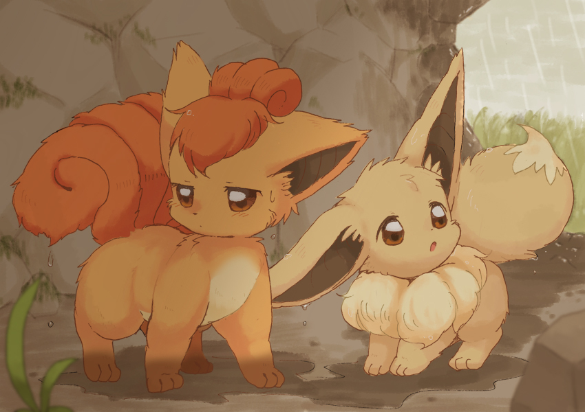 ambiguous_gender blush cave detailed_background duo feral fur multi_tail tail syationthecop nintendo pokemon canid canine eevee generation_1_pokemon mammal pokemon_(species) vulpix