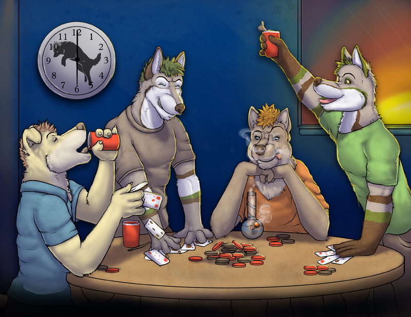 alcohol anthro beverage bong card card_game clock clothed clothing container cup drinking drugs fur furniture gaming group holding_container holding_cup holding_object male marijuana pile poker poker_chip raised_arm sitting smile smoke standing table tongue tongue_out window amixeduppuppy canid canine mammal