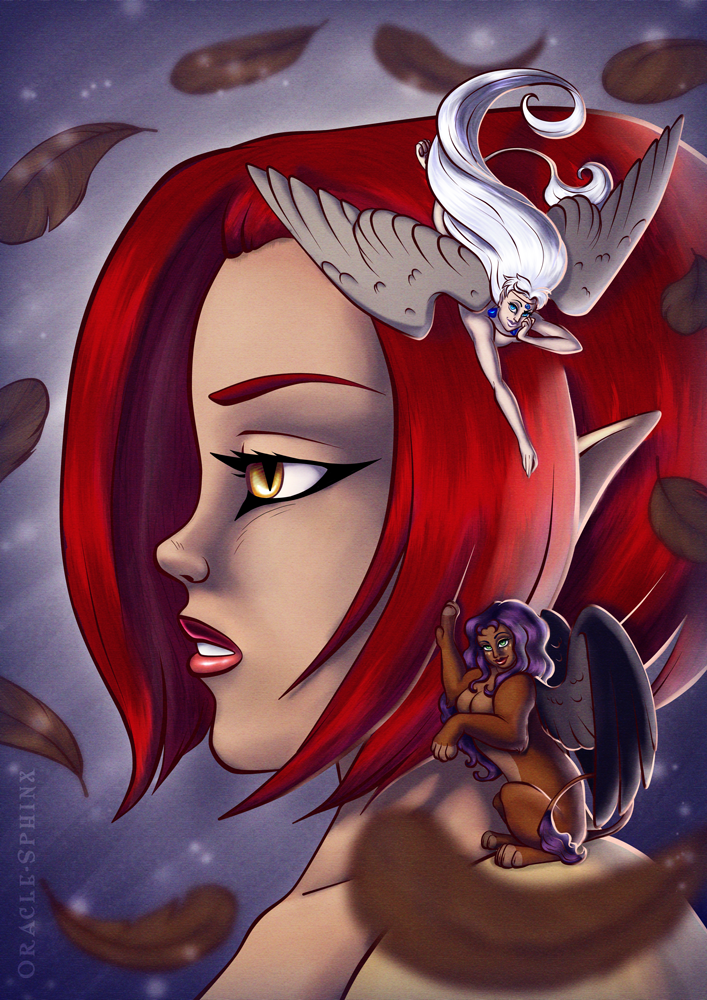 blue_eyes female group hair humanoid_pointy_ears pointy_ears purple_hair red_hair tail tail_tuft tuft white_hair wings yellow_eyes oracle_sphinx bianka_(oracle_sphinx) taira_(oracle_sphinx) trisha_(oracle_sphinx) humanoid bust_portrait cover portrait