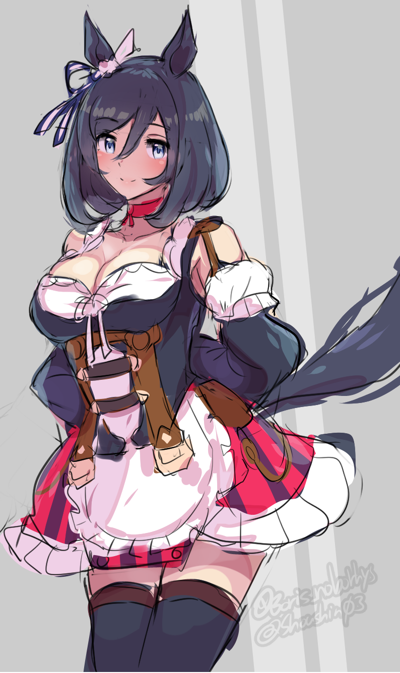 black_hair blue_eyes breasts cleavage clothed clothing dress female hair legwear solo thigh_highs boris_noborhys cygames uma_musume_pretty_derby eishin_flash_(pretty_derby) animal_humanoid equid equid_humanoid equine equine_humanoid horse_humanoid humanoid mammal mammal_humanoid 2021 hi_res