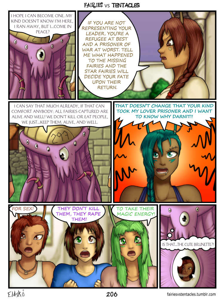 antennae_(anatomy) brown_eyes brown_hair clothed clothing dark_body dark_skin dialogue female green_eyes green_hair hair not_furry shirt speech_bubble tank_top tentacles text topwear bobbydando fairies_vs_tentacles amy_(fvt) leonne_(fvt) macey_(fvt) syl_(fvt) tarah_(fvt) zak_(fvt) alien fairy humanoid monster nihallaks_(species) 3:4 colored comic english_text url