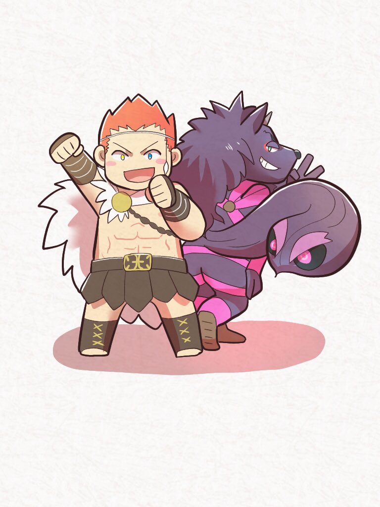 anthro armor blush butt chibi duo fur grin hair horn male purple_body purple_fur red_hair smile unconvincing_armor rorondo4 lifewonders tokyo_afterschool_summoners bathym_(tas) pollux_(tas) canid canine canis demon human mammal wolf 3:4