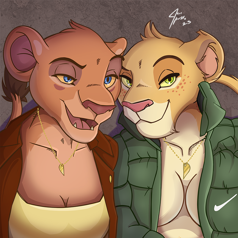 anthro clothing coat duo female female/female jacket jewelry necklace topwear jace_apollo disney the_lion_guard the_lion_king tiifu_(the_lion_guard) zuri_(the_lion_guard) felid lion mammal pantherine 1:1