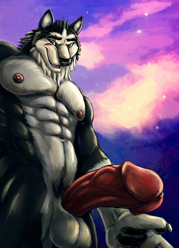 abs anthro athletic balls biceps biped black_body black_fur black_nose black_pawpads bodily_fluids claws erection fangs fur genital_fluids genitals grey_body grey_eyes grey_fur grin humanoid_genitalia humanoid_penis leaking looking_at_viewer low-angle_view male muscular muscular_anthro navel nipples nude open_mouth outside pawpads paws pecs penis pose precum scar sky smile solo standing star teeth tongue vein bleakcat canid canine canis mammal wolf