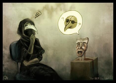 ambiguous_gender animal_mask beak beak_mask biped black_border black_hood border chair clothed clothing drama_mask duo emanata floating furniture gloves handwear male mask masquerade_mask on_chair plague_doctor pseudo_mask question_mark sepia_background sitting sitting_on_chair speech_bubble talking_to_another white_beak white_face amamidori scp_foundation scp-035 scp-049 animal_humanoid animate_inanimate avian avian_humanoid humanoid living_clothing living_mask 2013 colored digital_media_(artwork) digital_painting_(artwork) low_res pictographics restricted_palette signature