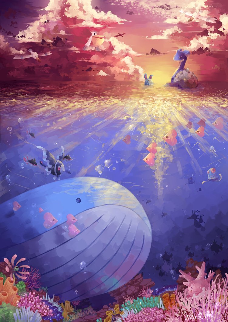 ambiguous_gender bubble cloud detailed_background feral fully_submerged group large_group looking_back looking_up outside sky sunset water wings unknown_artist nintendo pokemon ambient_coral ambient_sealife anthozoan avian bird cetacean cnidarian coral corsola cradily fish fossil_pokemon generation_1_pokemon generation_2_pokemon generation_3_pokemon generation_4_pokemon kingdra lapras lumineon luvdisc magikarp mammal marill marine pelipper pokemon_(species) remoraid scalie tentacool wailord wingull 2012