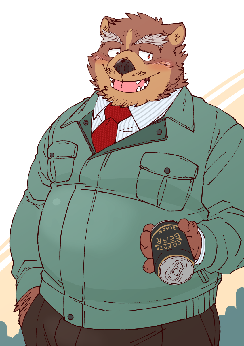 anthro blush bottomwear brown_body brown_fur clothing fur humanoid_hands kemono male necktie overweight overweight_anthro overweight_male pants shirt solo topwear ryuta-h bear mammal 2018 hi_res