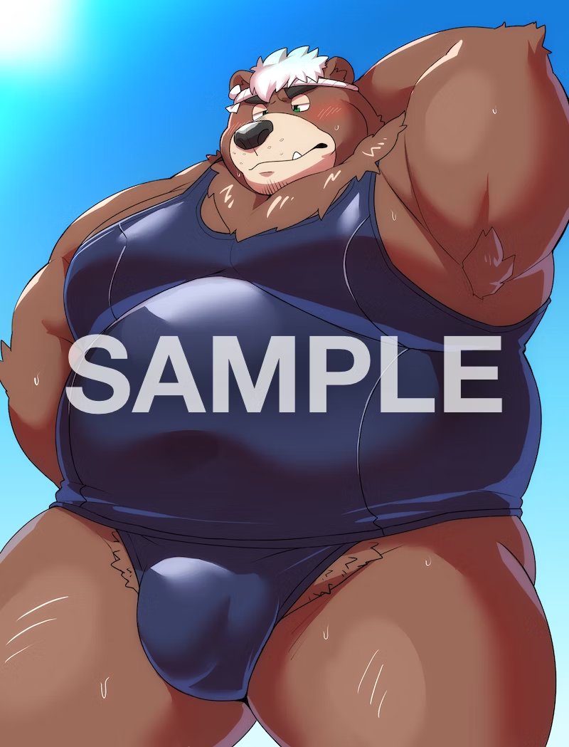 accessory anthro belly blush bodily_fluids brown_body brown_fur bulge clothing detailed_bulge eyebrows fur genital_outline hair headband male moobs one-piece_swimsuit overweight overweight_anthro overweight_male penis_outline solo sweat swimwear thick_eyebrows white_hair 12beat13 lifewonders live_a_hero goro_(live_a_hero) bear mammal