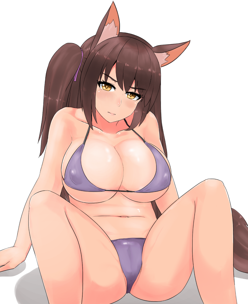 big_breasts bikini blush breasts brown_hair camel_toe cleavage clothed clothing female hair looking_at_viewer nipple_outline simple_background sitting solo spread_legs spreading swimwear two-piece_swimsuit white_background nao_(artist) animal_humanoid humanoid digital_media_(artwork) shaded