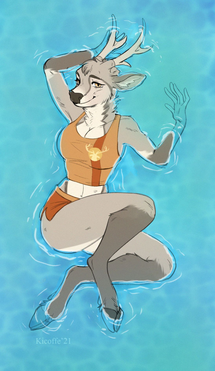 anthro antlers breasts cleavage clothed clothing cloven_hooves female floating_on_water fur grey_body grey_fur hooves horn looking_at_viewer lying midriff on_back partially_submerged smile solo swimwear water kicoffe deer mammal hi_res