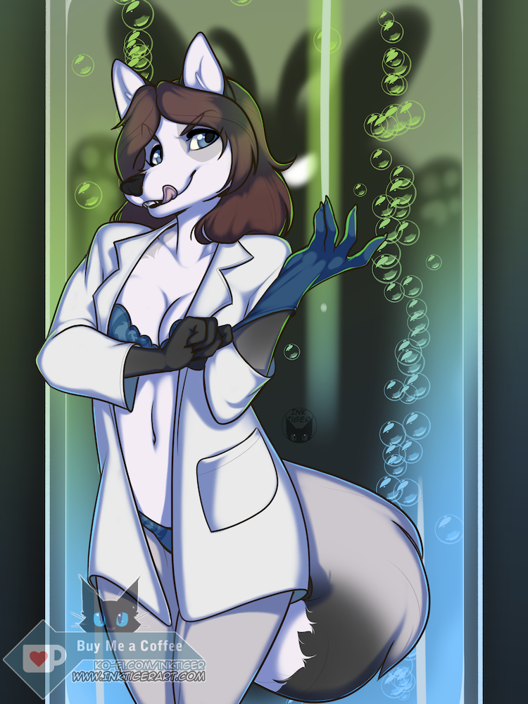 abstract_background anthro blue_eyes bubble clothing coat female gloves handwear lab_coat lingerie solo topwear inktiger casidhevixen casidhe canid canine fox mammal 2023 3:4 watermark