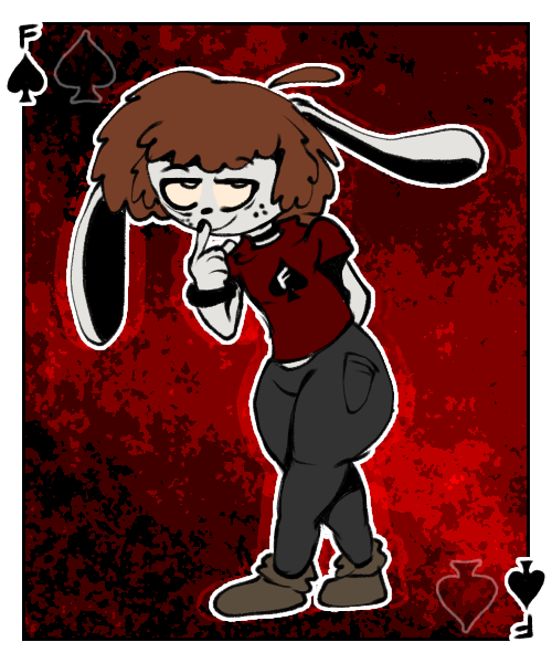 black_spade boots border button_nose card choker clothed clothing femboy floppy_ears footwear hair jewelry leggings legwear looking_away male maroon_shirt necklace playing_card raceplay shirt shoes smile smug solo spades_(suit) suit_symbol t-shirt thick_thighs topwear white_border feridoodles6 feri_the_bunny frederick frederick_the_bunny humanoid lagomorph leporid mammal rabbit 2024 5:6 digital_media_(artwork) ibispaint_(artwork)