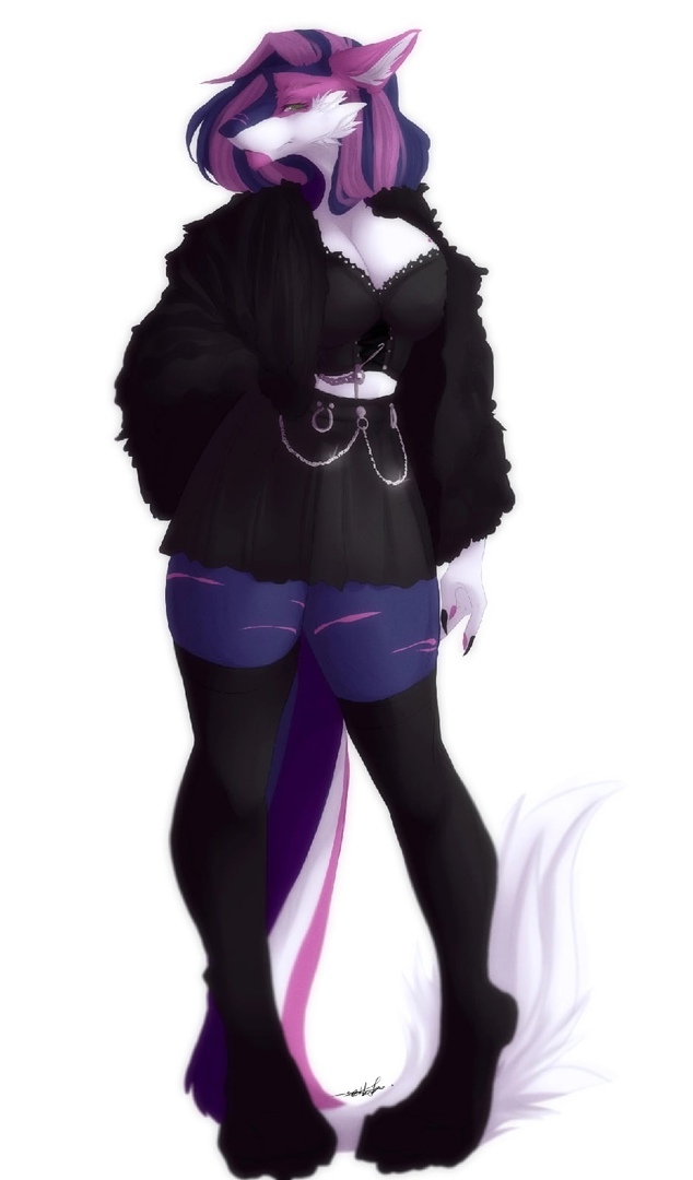 alternative_fashion anthro black_clothing bottomwear claws clothing female green_eyes purple_body skirt solo tail thick_thighs white_body sekaitoroto alexandra_reznova sergal digital_media_(artwork) digital_painting_(artwork)