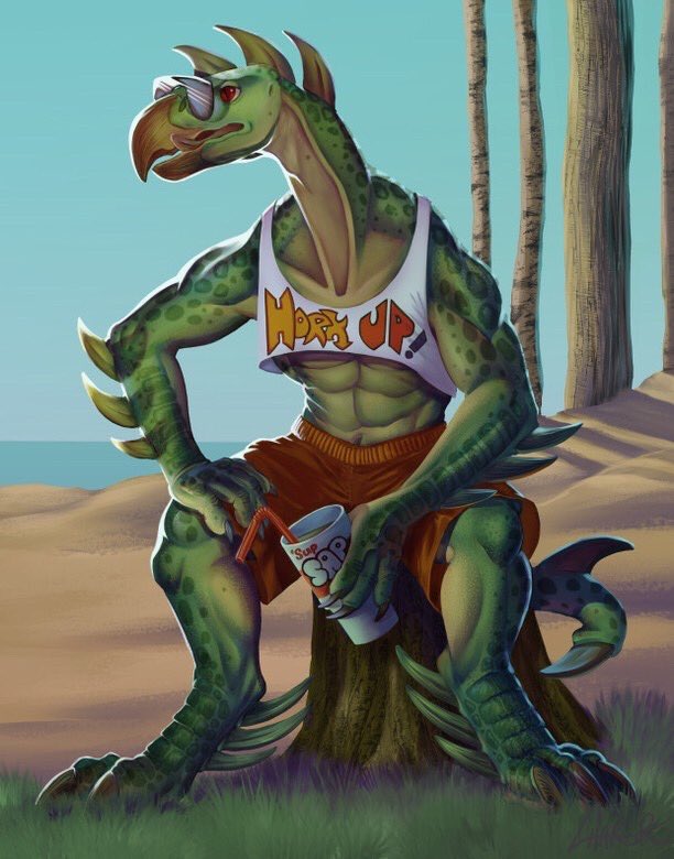 abs anthro beach beak clothed clothing detailed_background eyewear looking_aside male muscular muscular_male seaside solo sunglasses charreed animorphs jara_hamee alien hork-bajir scalie 2021