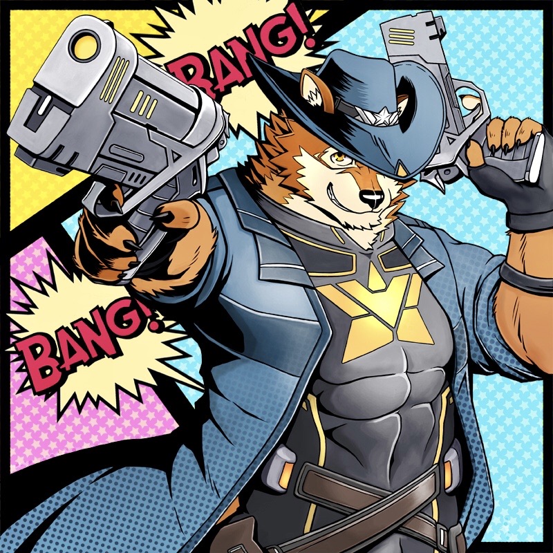 abs anthro belt clothing cowboy_hat furgonomic_hat furgonomic_headwear furgonomics gun handgun hat headgear headwear male muscular muscular_anthro muscular_male pecs pistol ranged_weapon solo sound_effects superhero weapon kemokemumaki lifewonders live_a_hero barrel_(live_a_hero) canid canine canis mammal wolf 1:1