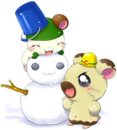 :3 armor blush breath brown_body brown_fur bucket clothing container duo eyes_closed feral fur furgonomics grey_eyes handwear hard_hat hat headgear headwear helmet male mittens open_mouth simple_background snow snowman stick tongue whiskers white_background winter aimia492 hamtaro_(series) boss_(hamtaro) cappy_(hamtaro) cricetid hamster mammal rodent low_res