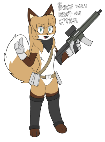 anthro ar-15 ar_platform belt brown_body brown_fur clothing dialogue featureless_crotch female fluffy fluffy_tail footwear fur gloves green_eyes handwear legwear scarf socks solo tactical_gear tail text thigh_highs thigh_socks threatening weapon anonymous_artist conditional_dnp peace_was_never_an_option averi_(fiddleafox) canid canine fox mammal red_fox true_fox alpha_channel english_text low_res meme