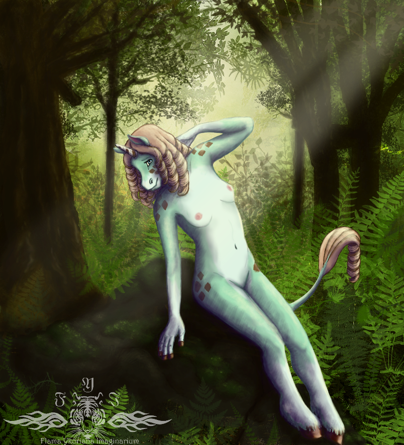 anthro biped blue_body blue_skin breasts brown_hair detailed_background female fingers forest fur green_eyes hair hoof_hands hooved_fingers hooves horn looking_at_viewer nature navel nipples nude outside plant pose sitting solo spots tail tail_tuft tree tuft unguligrade ykoriana mythology equid equine mammal mythological_creature mythological_equine unicorn pinup