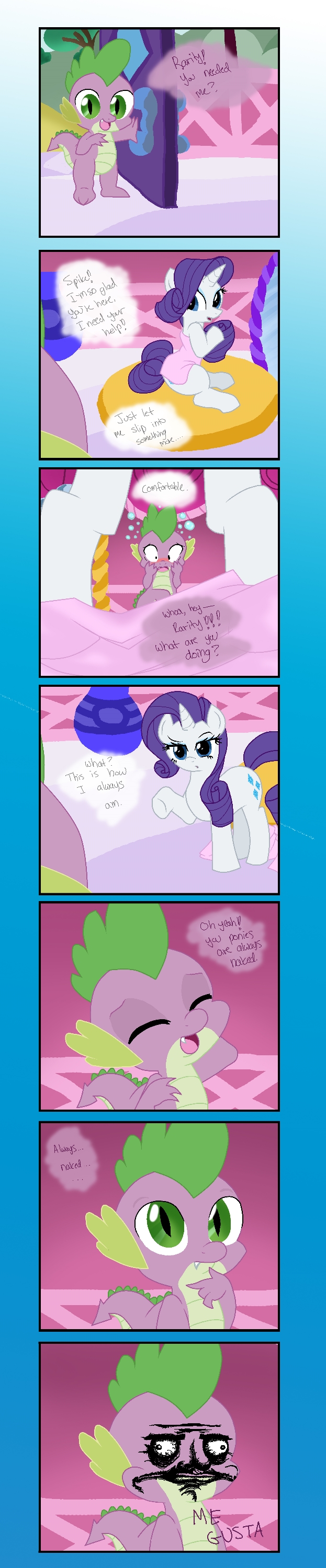 blush cutie_mark dialogue duo female feral horn male tail text pyruvate friendship_is_magic hasbro me_gusta my_little_pony mythology rarity_(mlp) spike_(mlp) dragon equid equine mammal mythological_creature mythological_equine mythological_scalie scalie unicorn 2011 absurd_res comic english_text hi_res long_image meme reaction_image tall_image