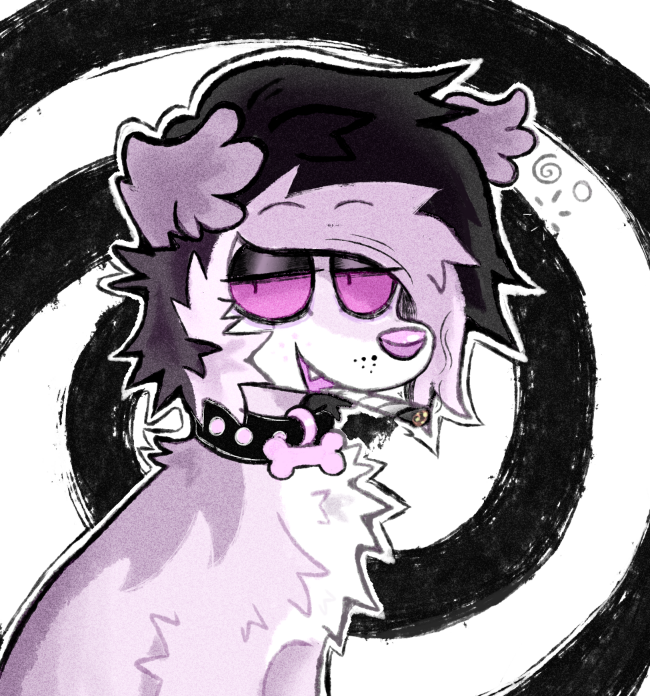 abstract_background alternative_fashion ambiguous_gender bodily_fluids collar emo feral joint saliva scene_haircut smile solo spiral_background spitthesauce salvia_(spitthesauce) canid canine canis domestic_dog mammal portrait female_(lore)